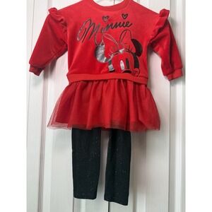 Disney Minnie Mouse Red Tulle Dress Baby Girls 18M Long Sleeve Glitter‎ Hearts